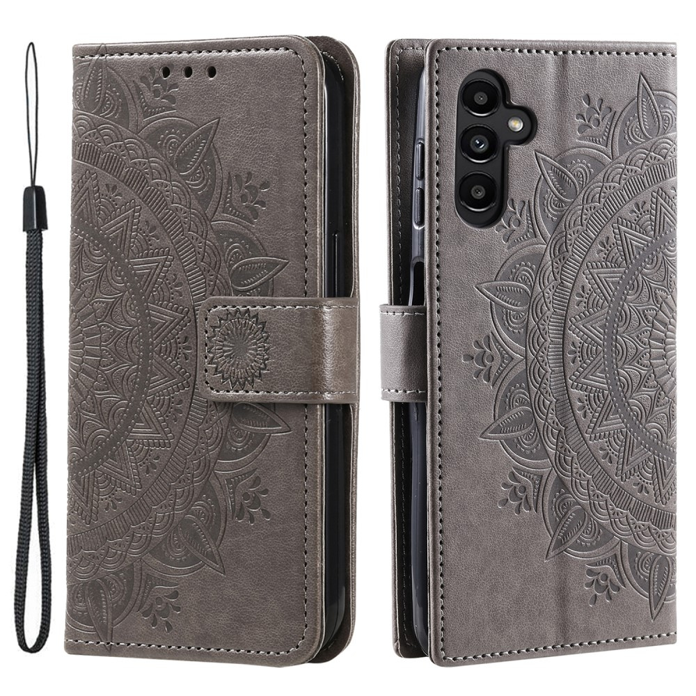 Klapphülle Für Samsung Galaxy A15, Mandala-blume, Grau + 9h-glas