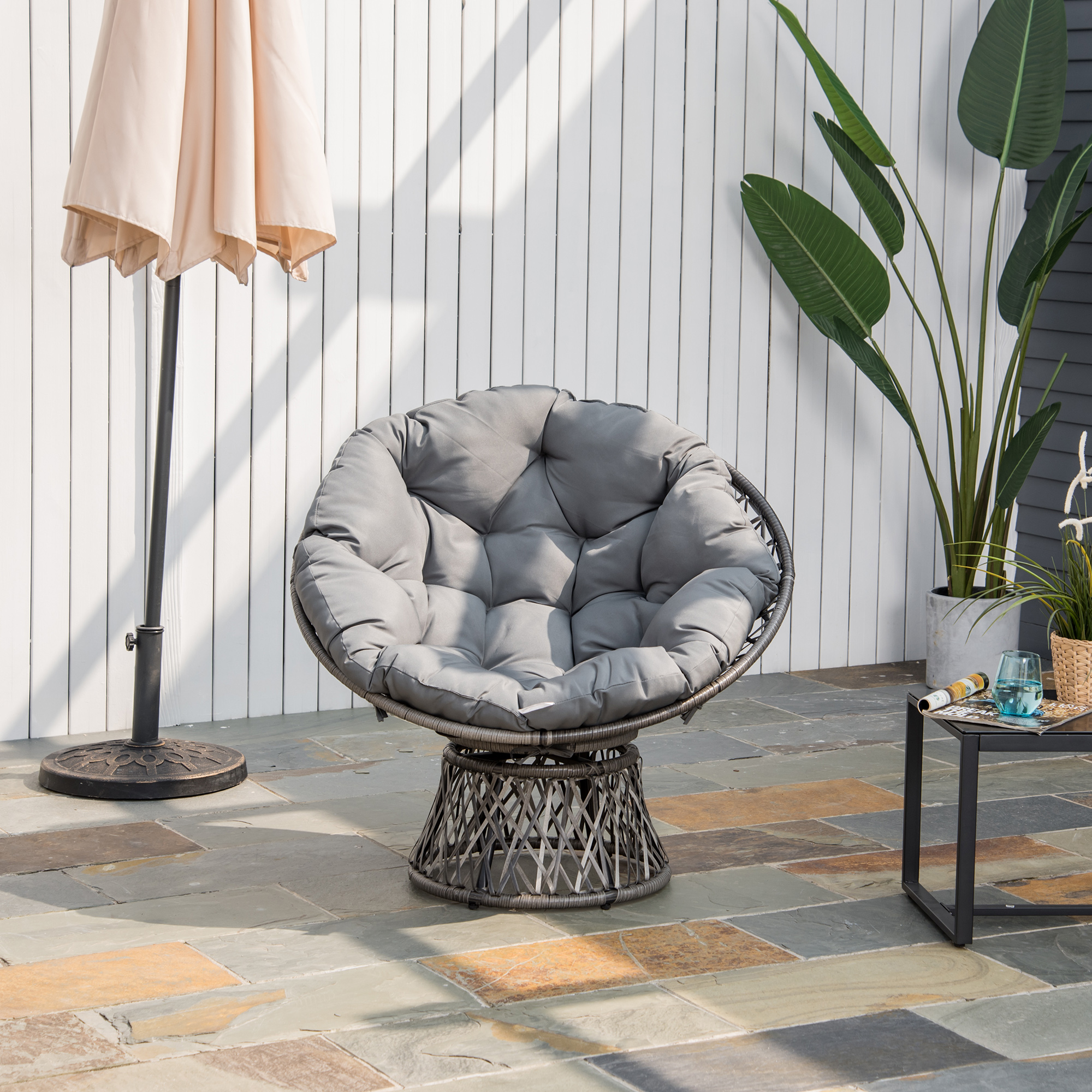Outsunny Papasansessel Korbsessel Mit Polster 360 Grad Drehbar Rattan Grau B87 X T97 X H86 Cm Für Garten & Wohnzimmer