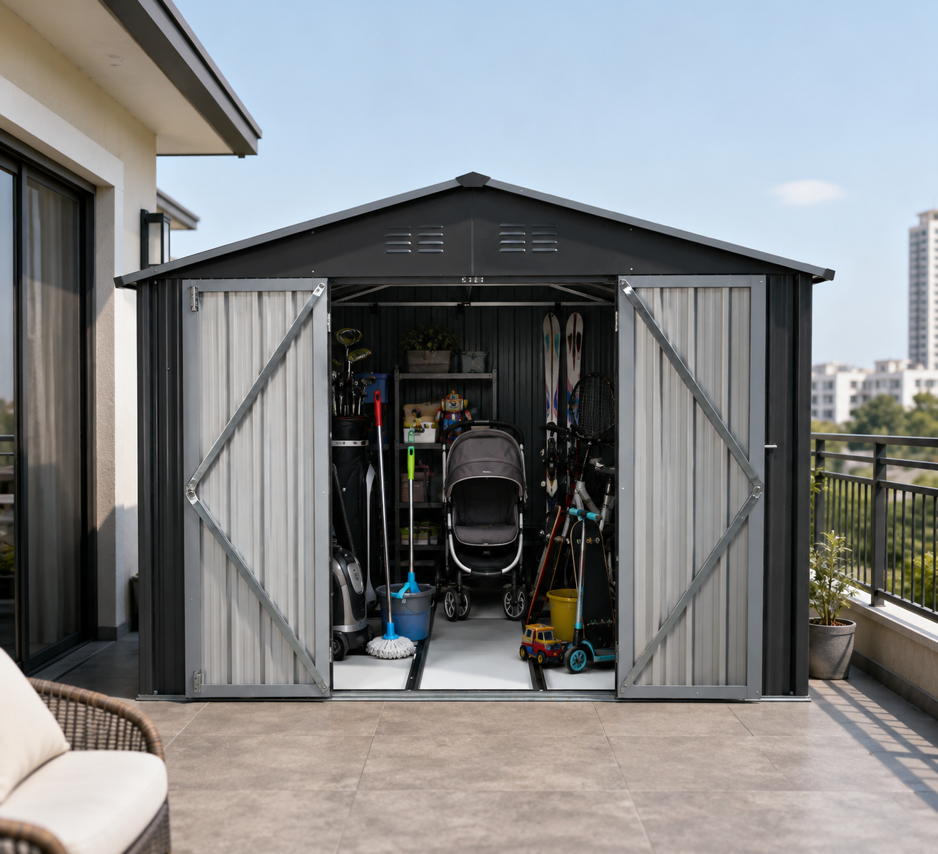 Metall-gartenschuppen 10x8 Ft Mit Spitzdach In Grau Als Außenlager. Der Schuppen Ist Mit Einem Integrierten Bodenrahmen Ausgestattet. Grundfläche: 7,46 M².