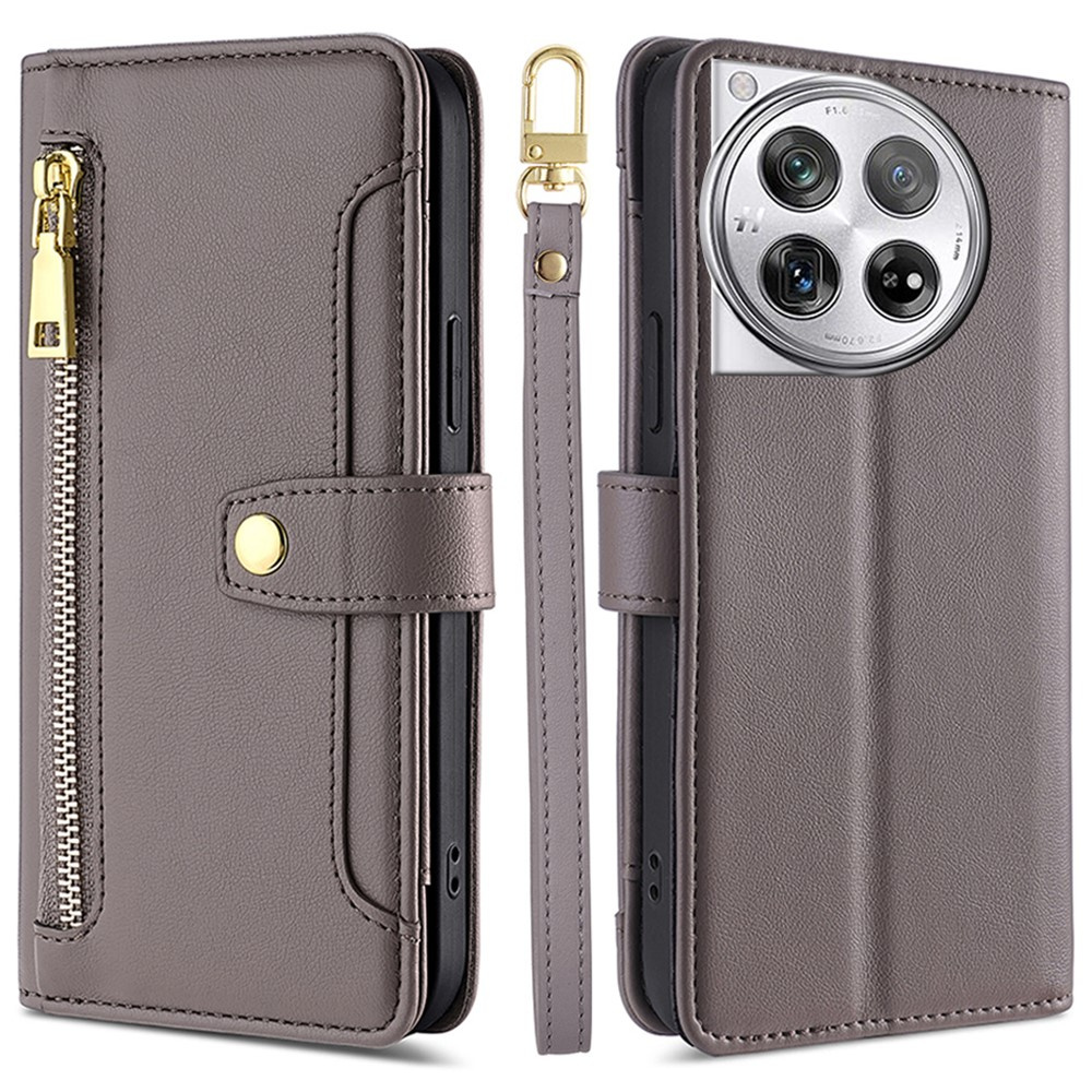 Oneplus 12 5g Klapphülle, Brieftasche Mit Reißverschlussfach, Grau