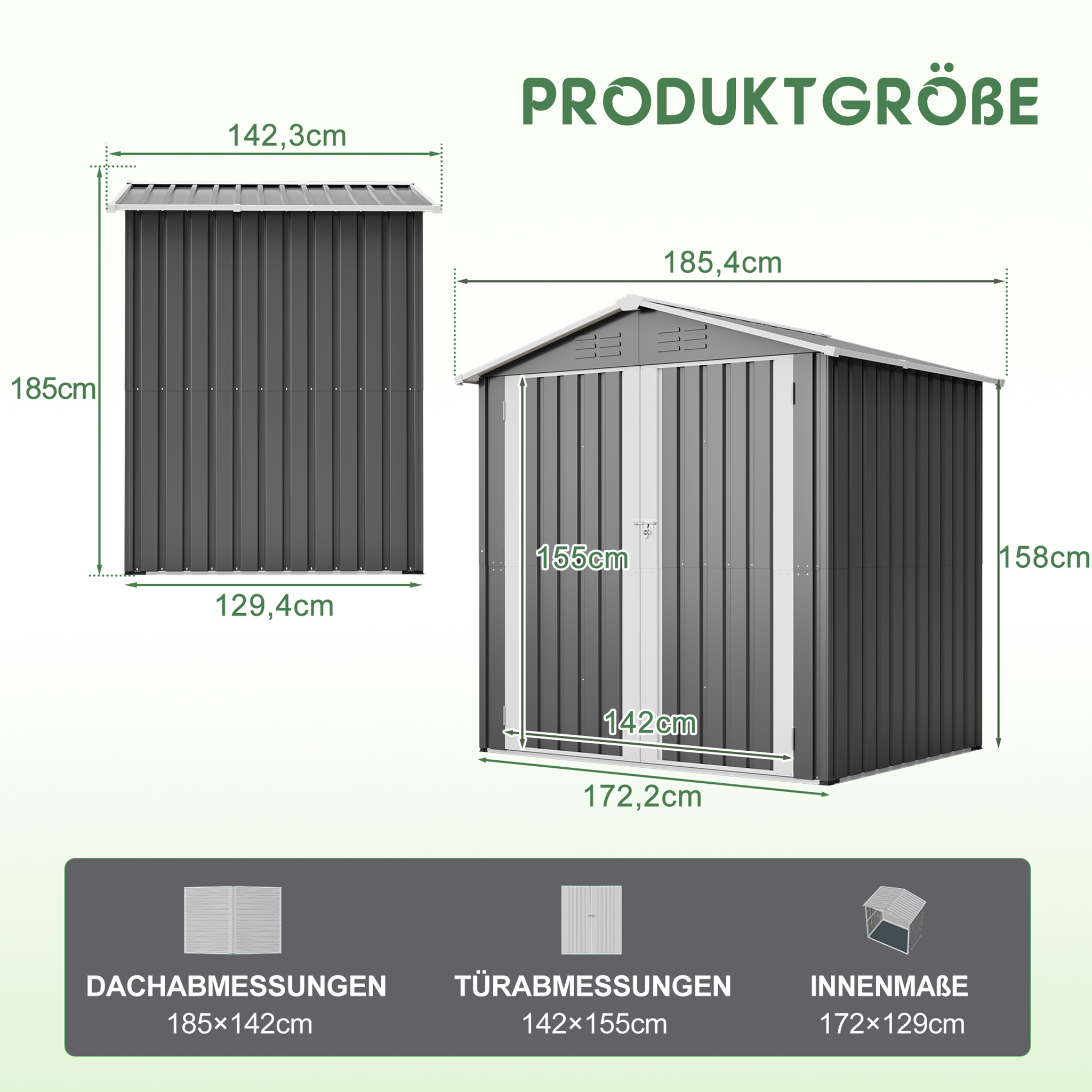 142x185cm Metall-geräteschuppen Gartenhaus Mit Belüftungslöchern , Inkl. Metallfundament , Abschließbare Tür ,witterungsfest Für Gartengeräte,grau
