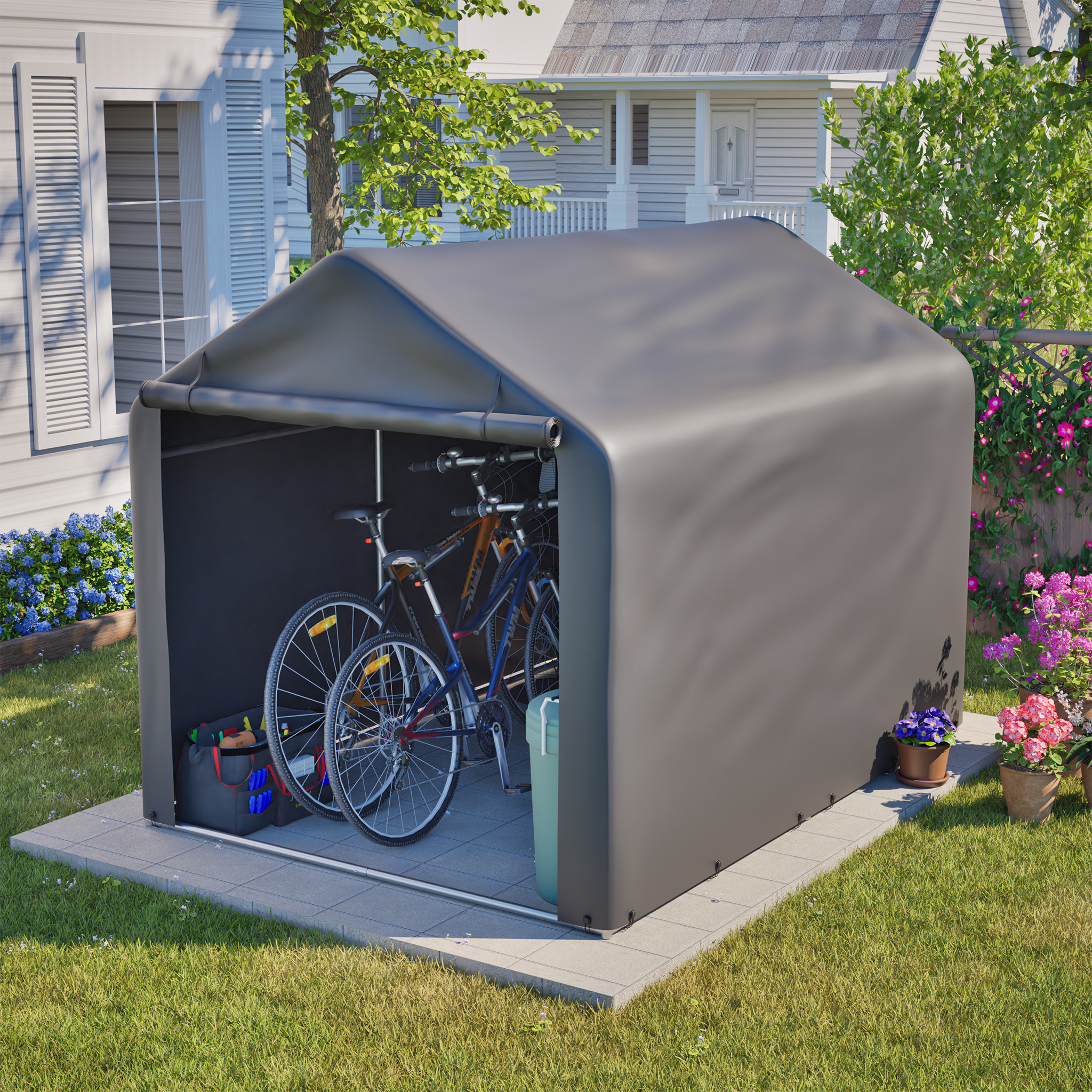 Grauer Fahrrad-garage 160x220x165 Cm Mit Rolltor Wasserdichtes Pe Wetterfester Schuppen Für Fahrrad