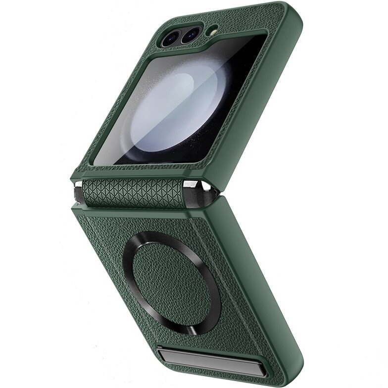 Samsung Galaxy Z Flip5 5g Leder-schutzhülle Mit Ständer Und Glas Für Magsafe, Grün