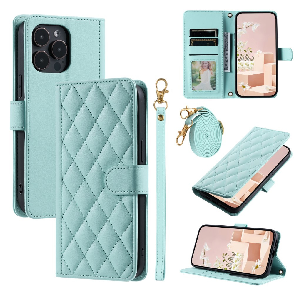 Iphone 16 Pro Max Rhombus Crossbody Leder-klapphülle, Grün
