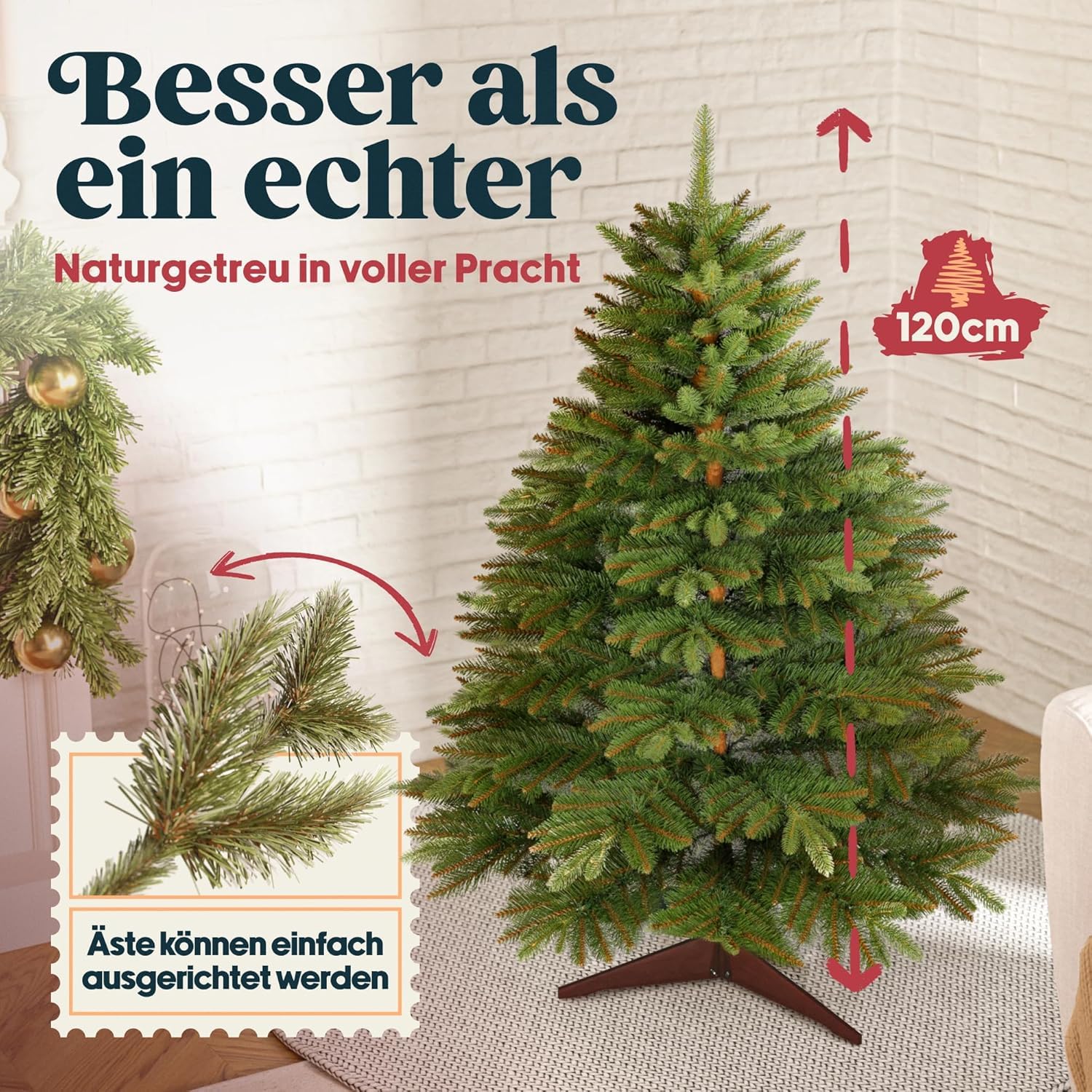 Pure Living Premium Weihnachtsbaum, 120 Cm, Dichte Zweige, Holzständer