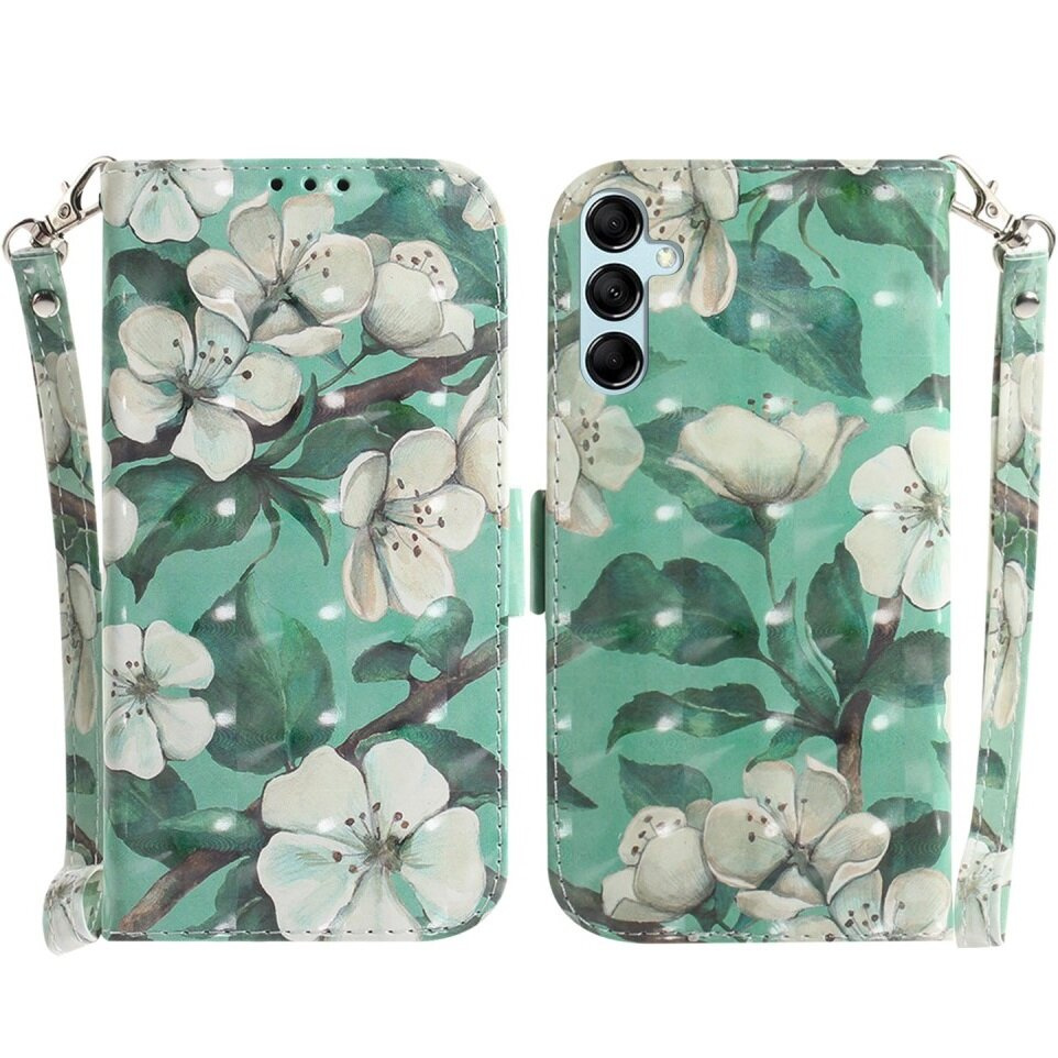 Klapphülle Für Samsung Galaxy A15, Brieftaschenmotiv, Blumenmuster, Grün + 9h-glas
