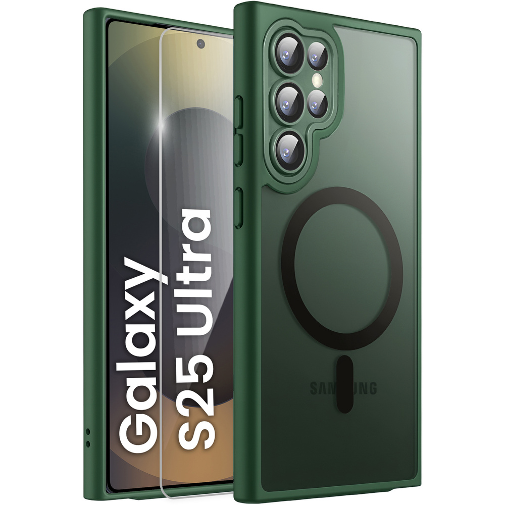 Samsung Galaxy S25 Ultra Hülle, Für Magsafe, Matt Grün + Displayschutzfolie Aus Glas