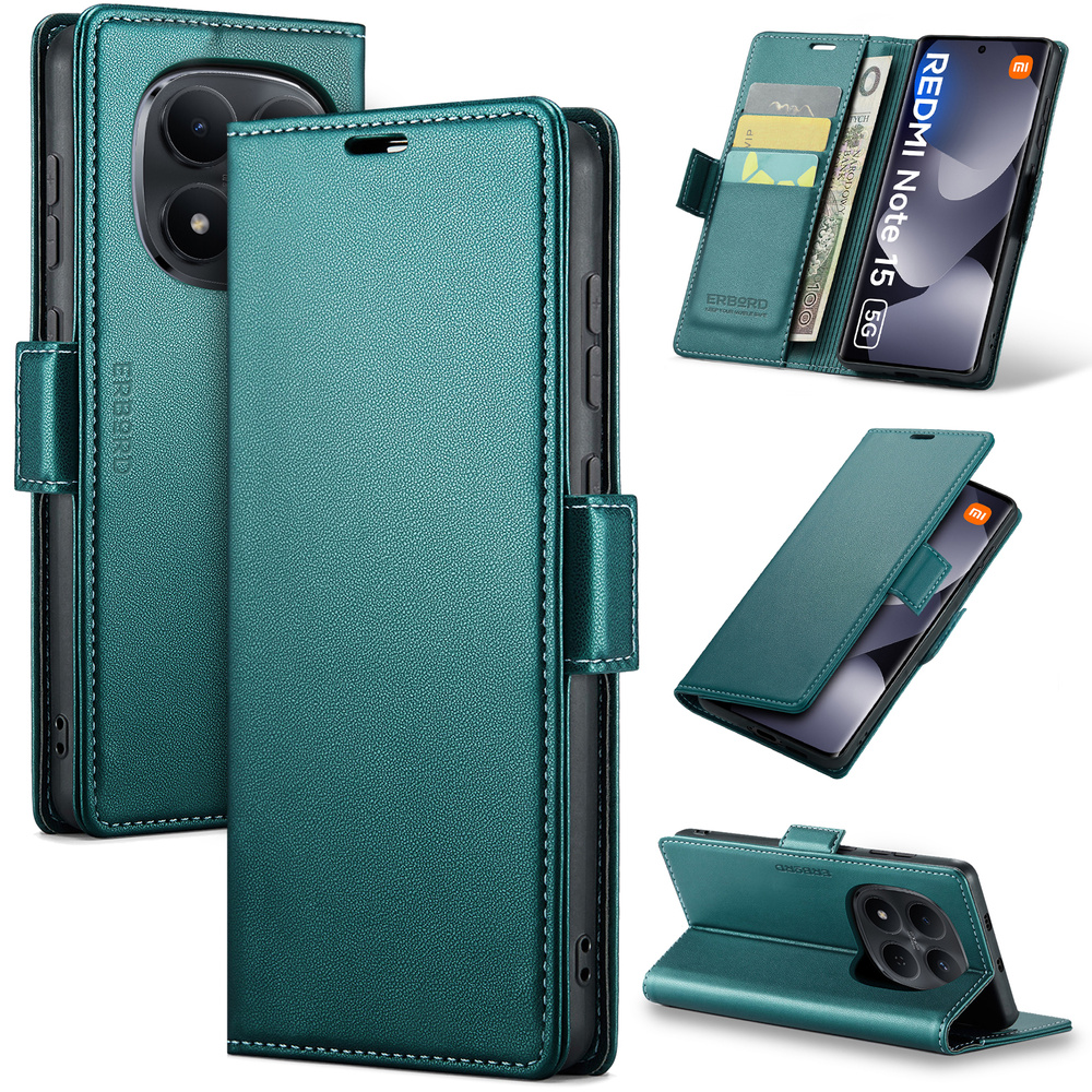 Schutzhülle Für Xiaomi Redmi Note 15 5g / Poco M8 5g, Glänzendes Litschi-grün, Brieftaschenmodell Mit Klappe