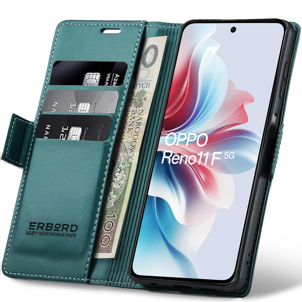 Oppo Reno 11f Hülle, Glänzendes Litschi, Klapphülle, Grün