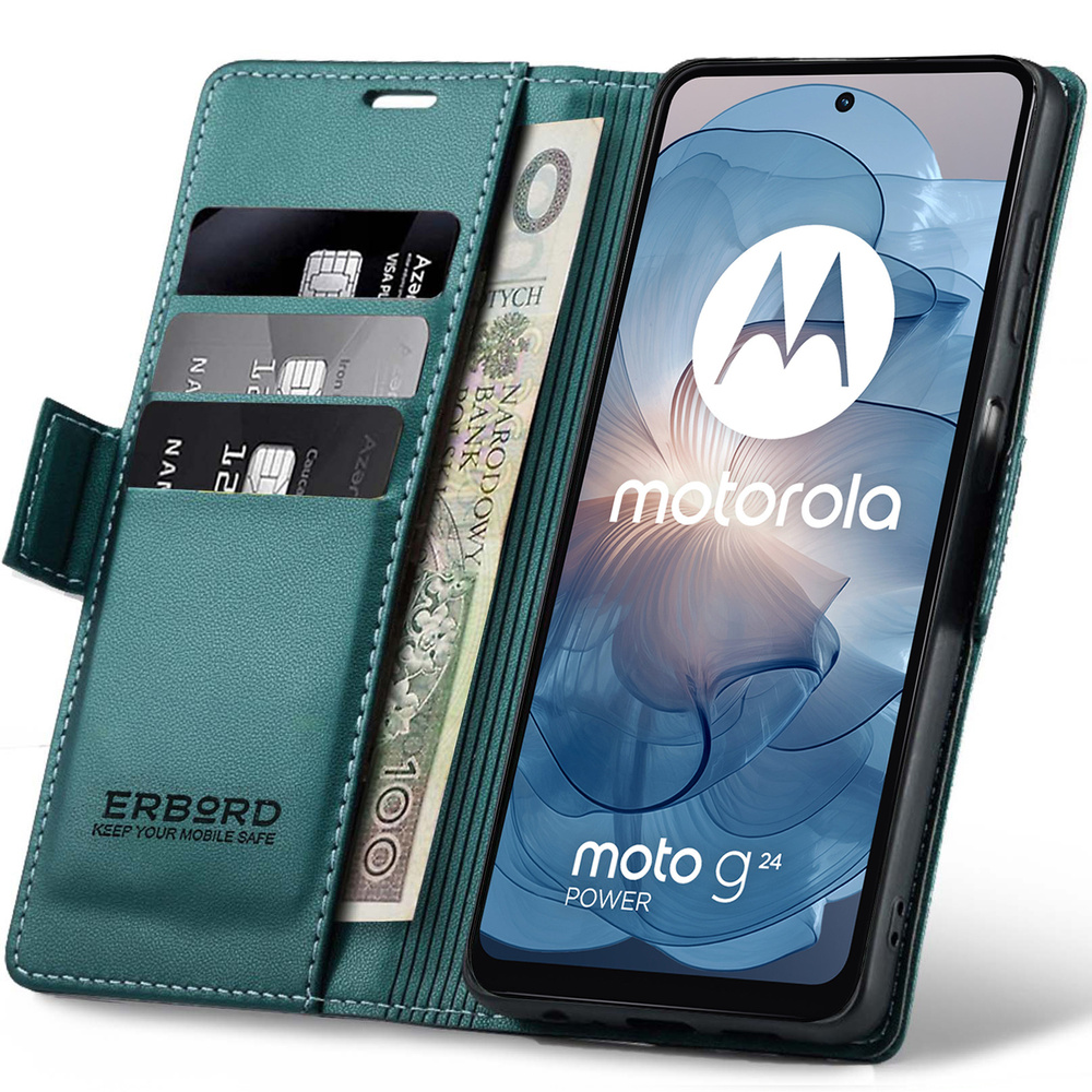 Schutzhülle Für Motorola Moto G24 / G24 Power / G04, Erbord Glossy Litchi, Brieftaschenhülle Mit Klappe, Grün