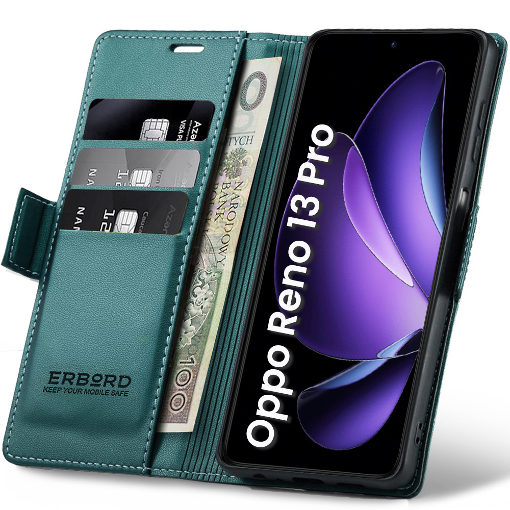 Oppo Reno 13 Pro Hülle, Glänzendes Litschi, Klapphülle Mit Brieftaschenfunktion, Grün