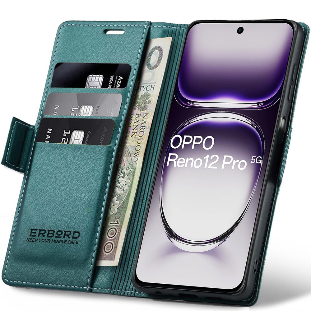 Oppo Reno 12 Pro Hülle, Glänzendes Litschi, Klapphülle Mit Brieftaschenfunktion, Grün