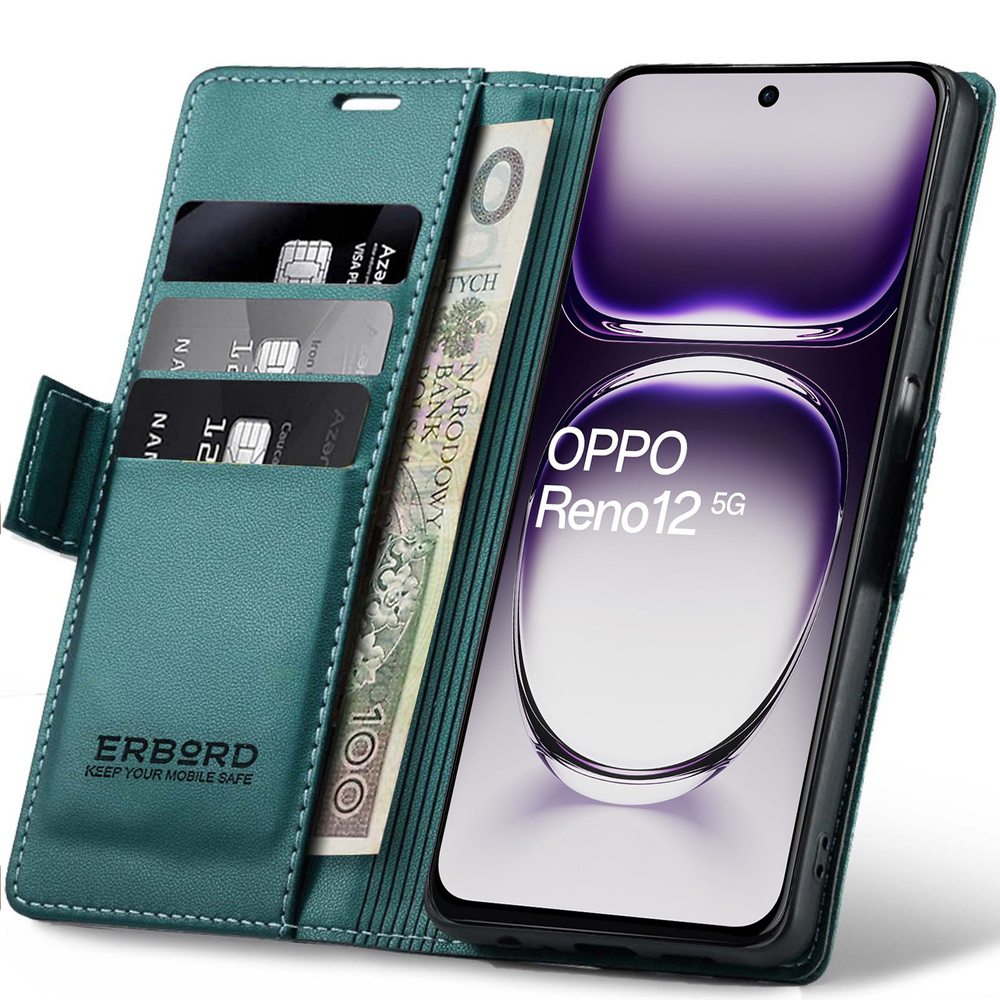 Oppo Reno 12 Hülle, Glänzendes Litschi, Klapphülle Mit Brieftaschenfunktion, Grün