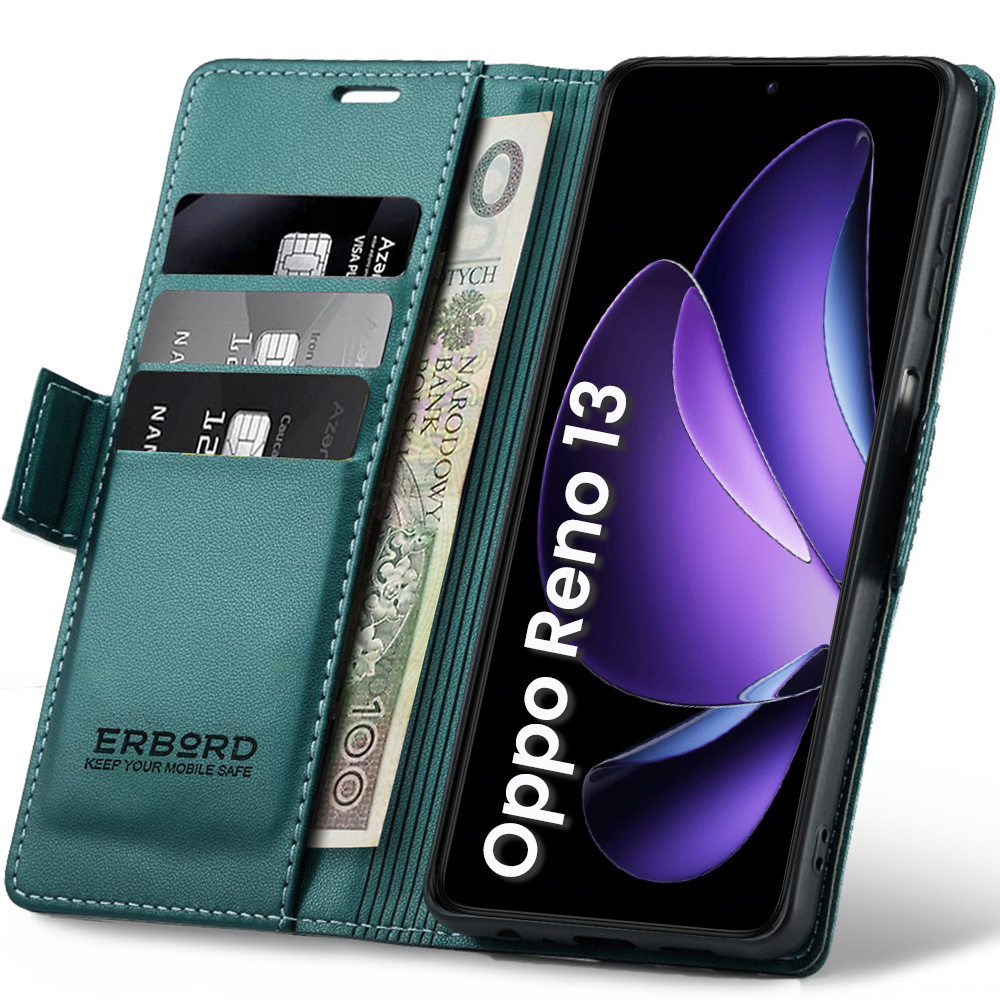 Oppo Reno 13 Hülle, Glänzendes Litschi, Klapphülle Mit Brieftaschenfunktion, Grün