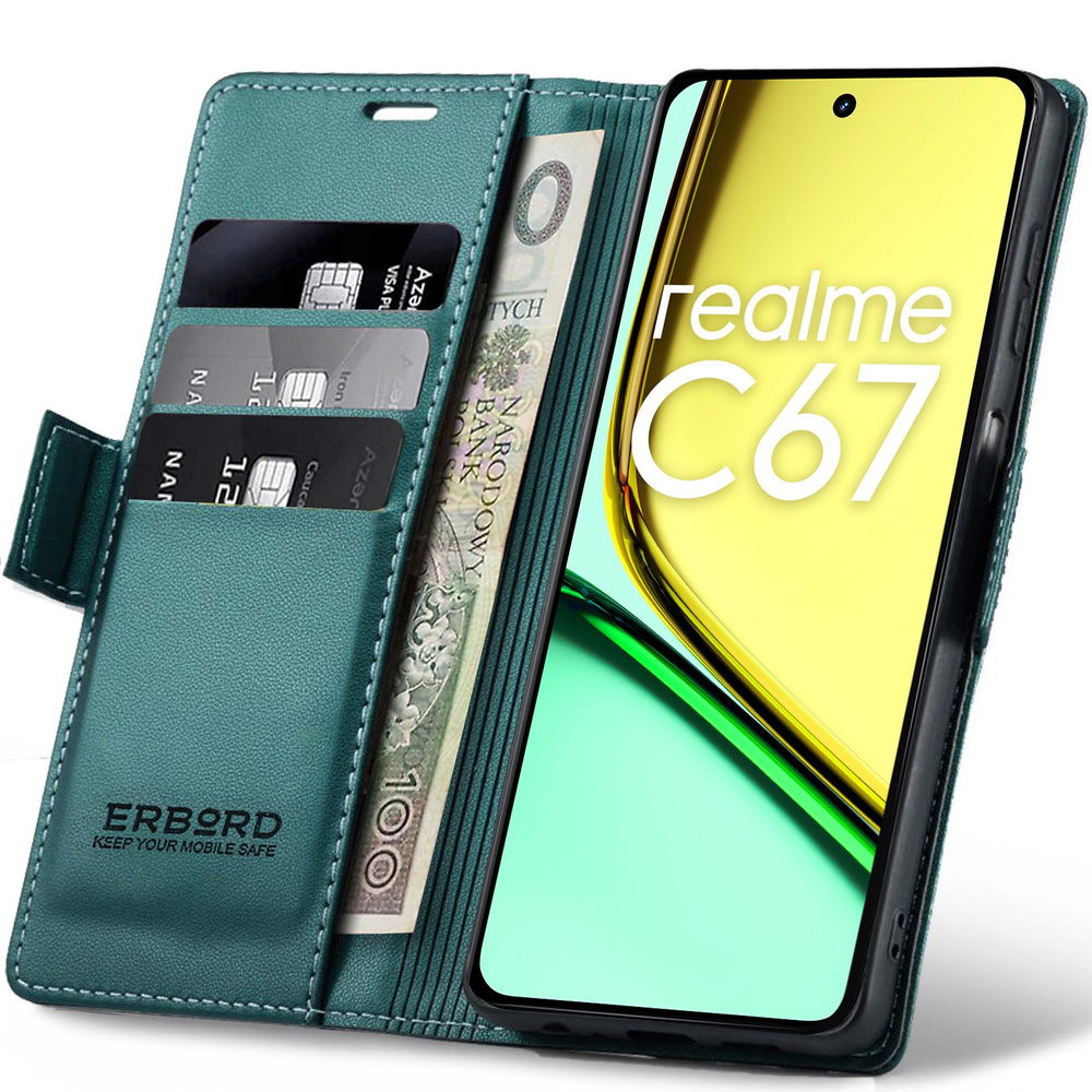 Realme C67 4g Hülle, Glänzendes Litschi, Klapphülle Mit Brieftaschenfunktion, Grün