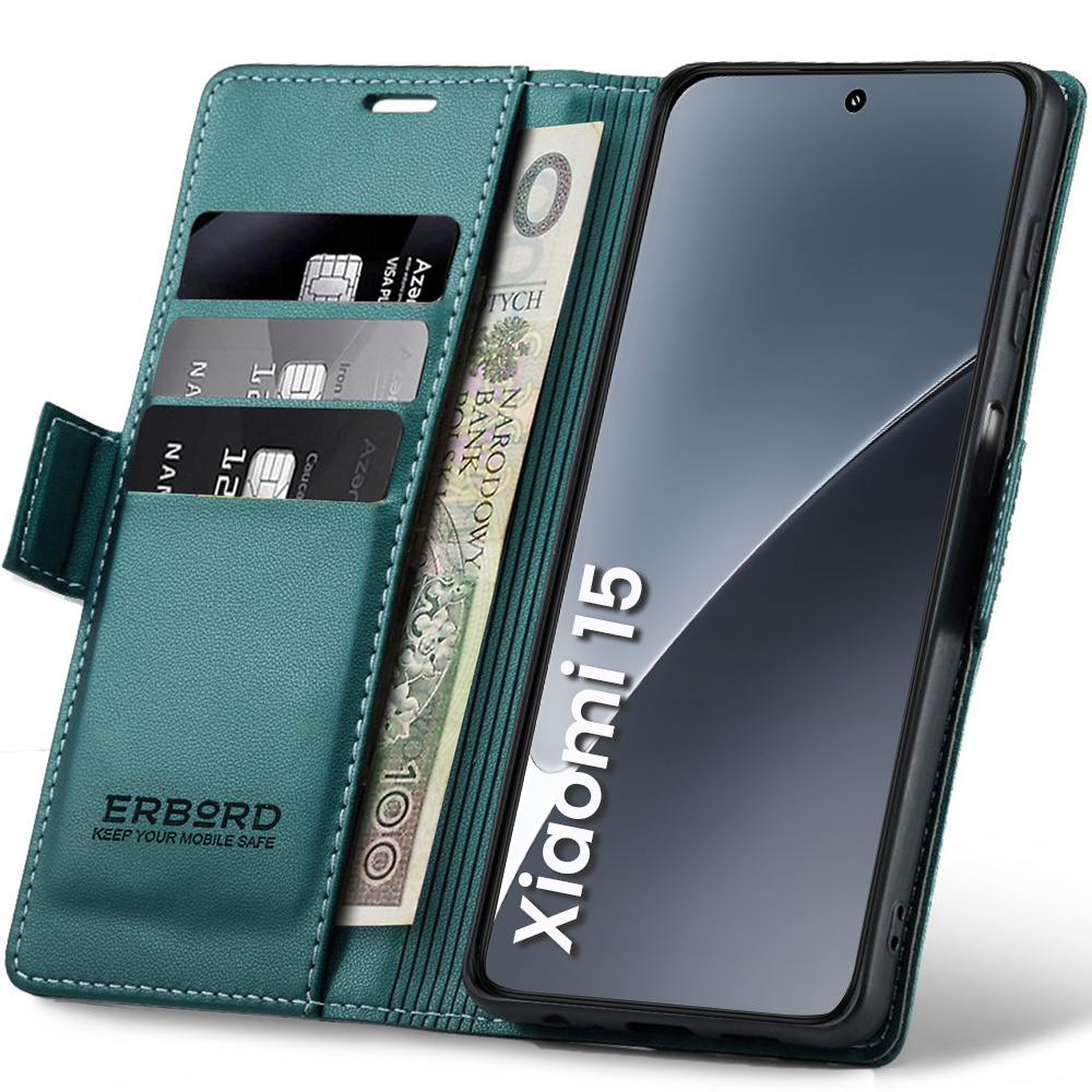 Xiaomi 15 Hülle, Glänzende Litschi-geldbörsenhülle Mit Klappverschluss, Grün