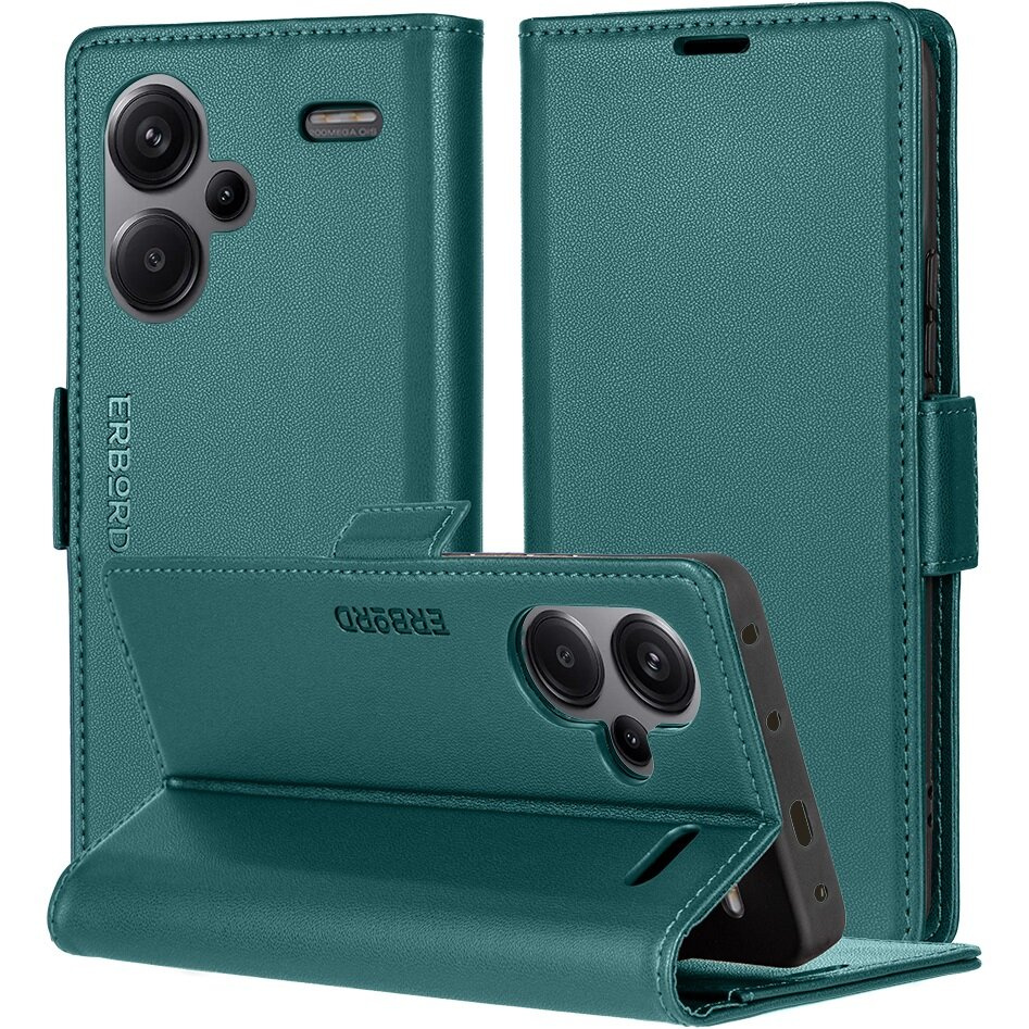 Xiaomi Redmi Note 13 Pro+ Hülle, Glänzendes Litschi, Klapphülle Mit Brieftaschenfunktion, Grün