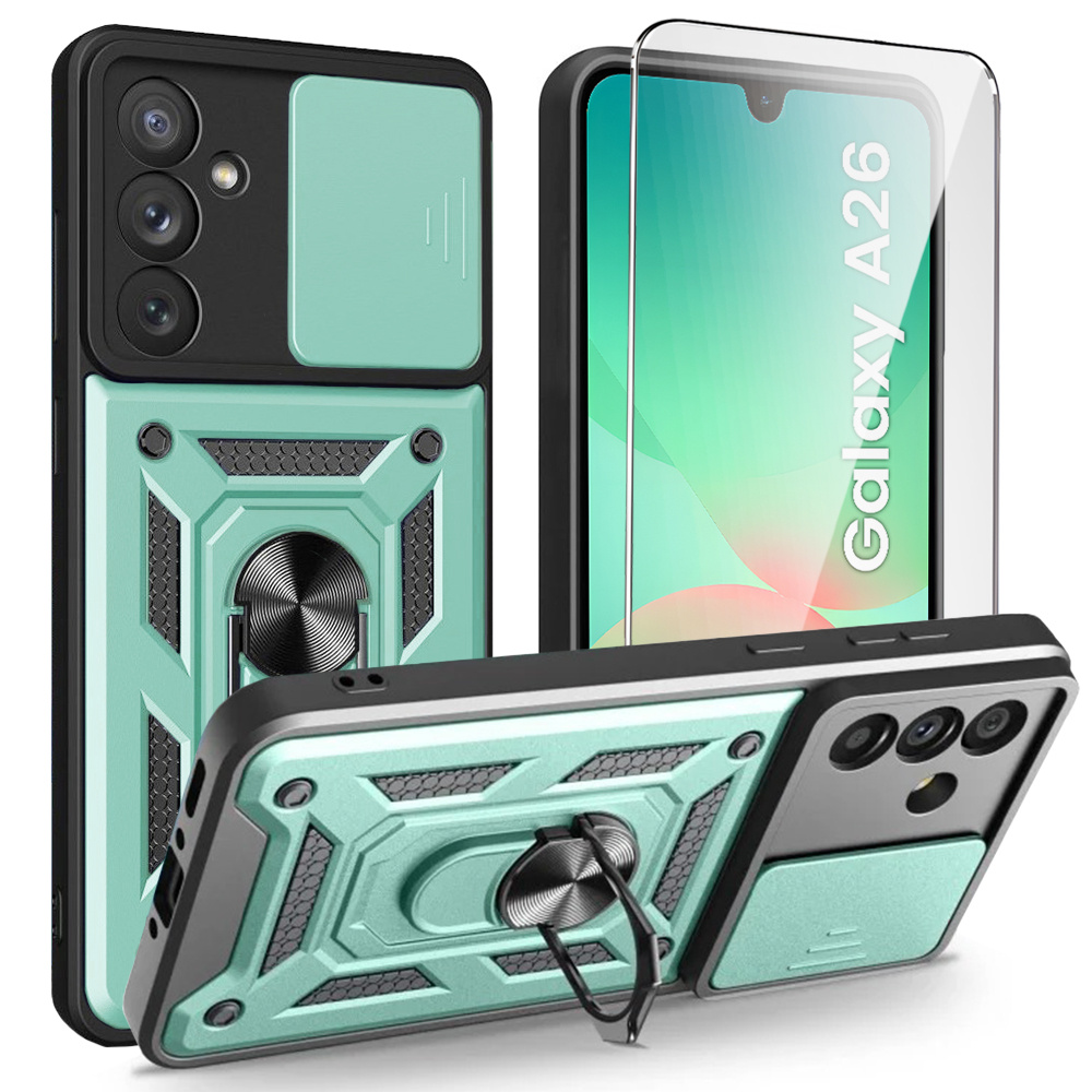 Gepanzertes Gehäuse Für Samsung Galaxy A26, Camshield Slide, Grün + 9h Gehärtetes Glas