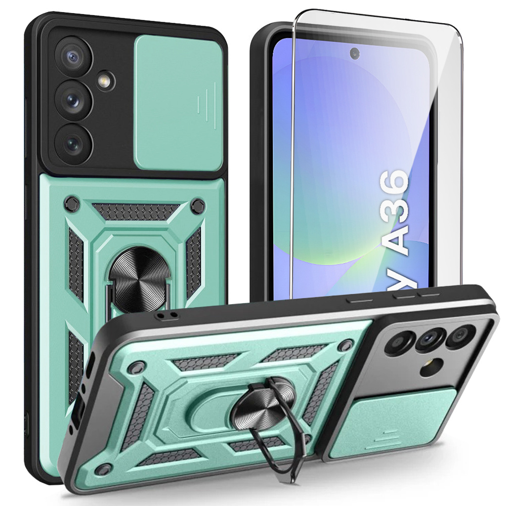 Gepanzertes Gehäuse Für Samsung Galaxy A36 5g, Camshield Slide, Grün + 9h Gehärtetes Glas