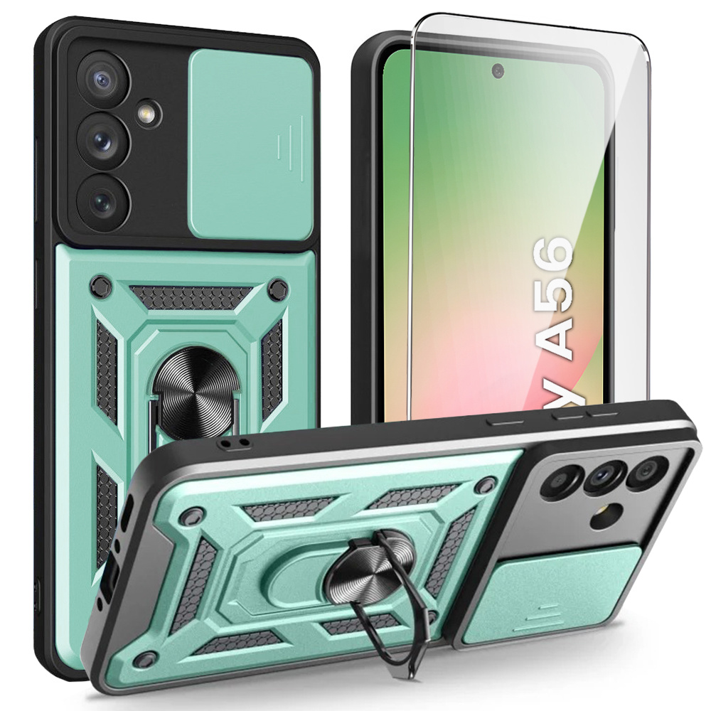 Gepanzertes Gehäuse Für Samsung Galaxy A56 5g, Camshield Slide, Grün + 9h Gehärtetes Glas