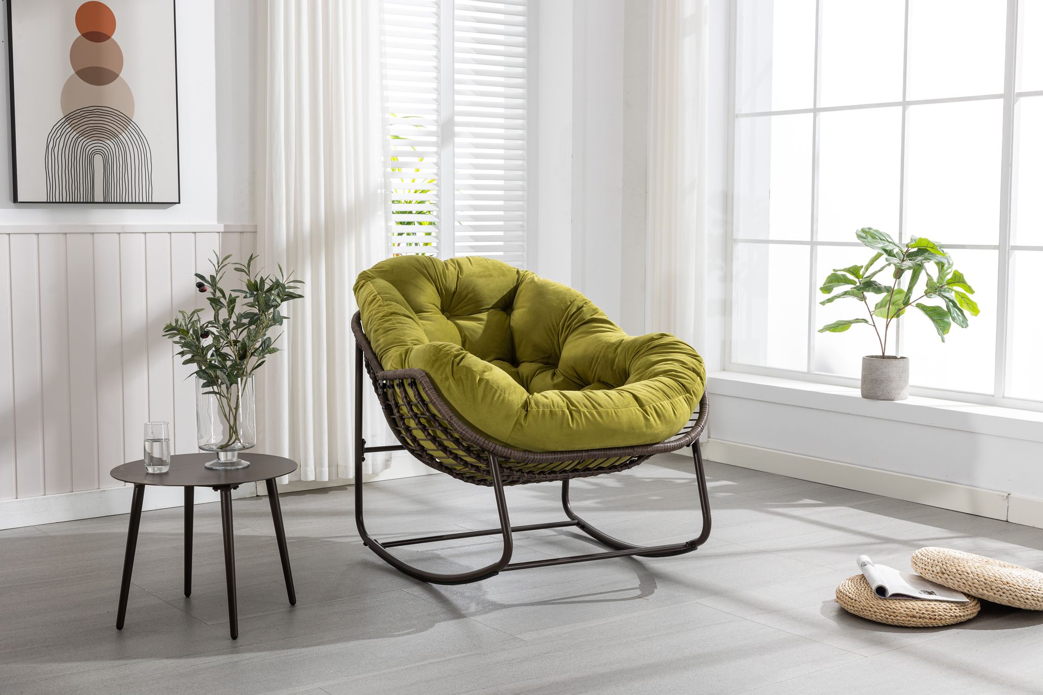 Rattan-schaukelstuhl Mit Gepolstertem Kissen, Relaxstuhl Für Veranda, Wohnzimmer, Terrasse & Garten (olivgrün)