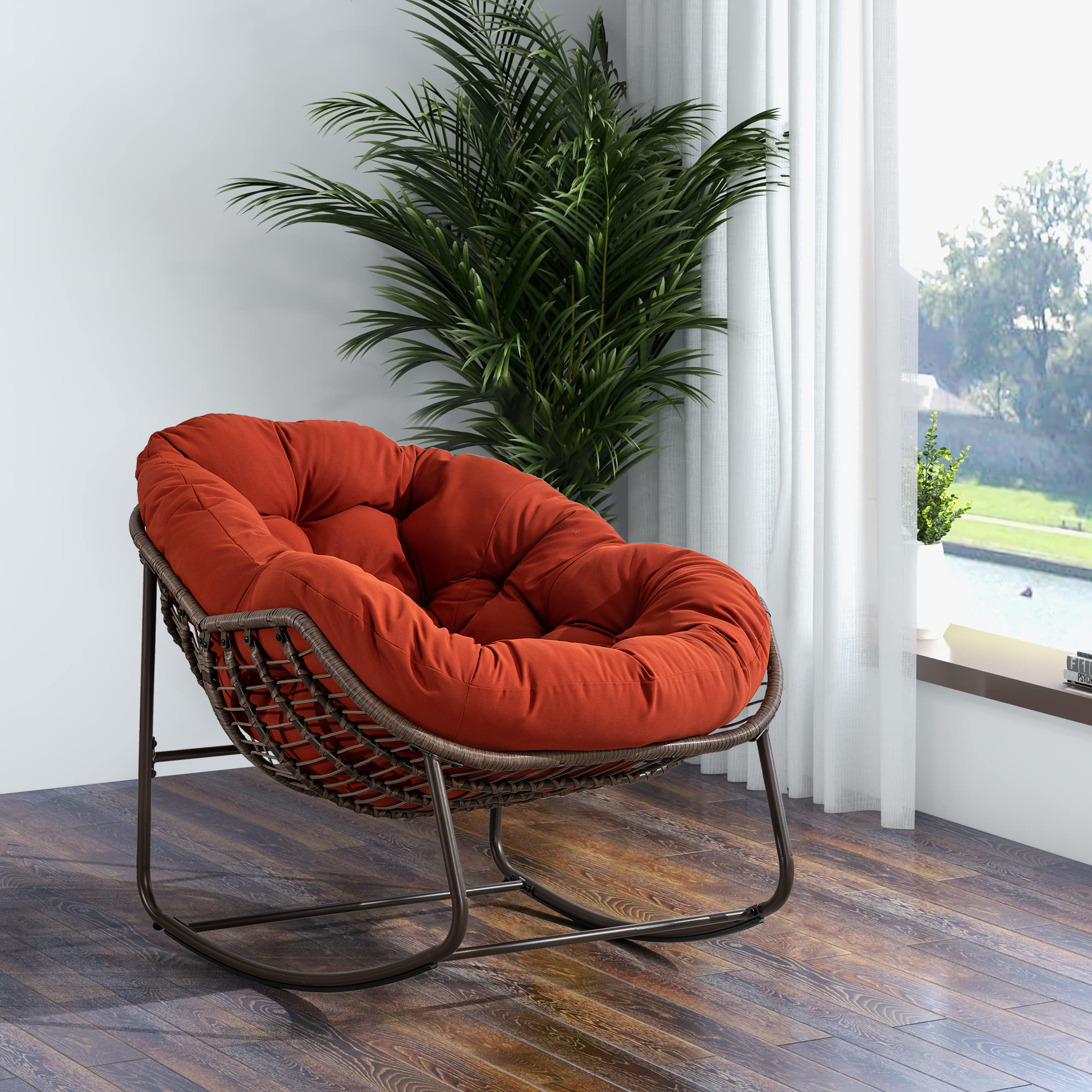 Rattan-schaukelstuhl Mit Gepolstertem Kissen, Relaxstuhl Für Veranda, Wohnzimmer, Terrasse & Garten (orange)