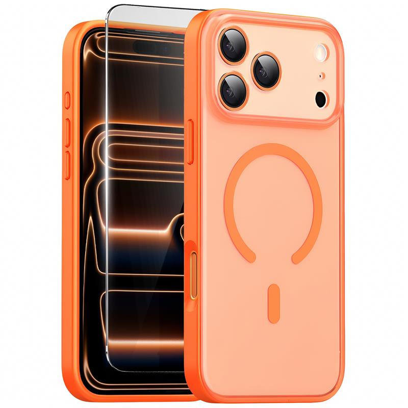 Iphone 17 Pro Max Hüllenset, Magsafe, Matt Mit Kameraschutz, Orange + Glas