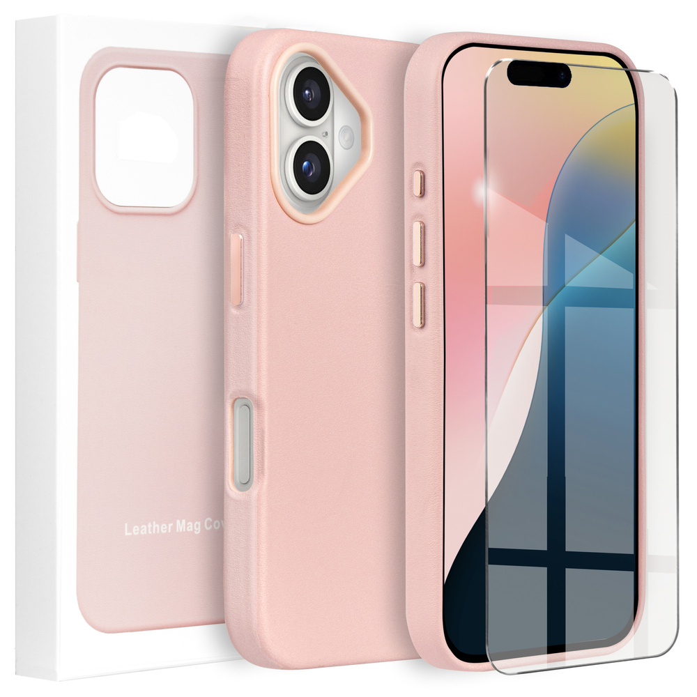 Magsafe Lederhülle Für Iphone 16, Pink + 9h Gehärtetes Glas