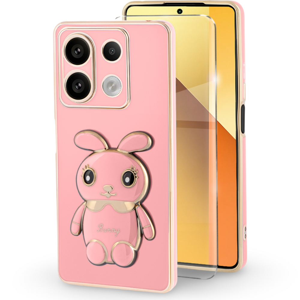 Schutzhülle Für Xiaomi Redmi Note 13 5g, Hasenmotiv, Rosa + 9h-schutzglas