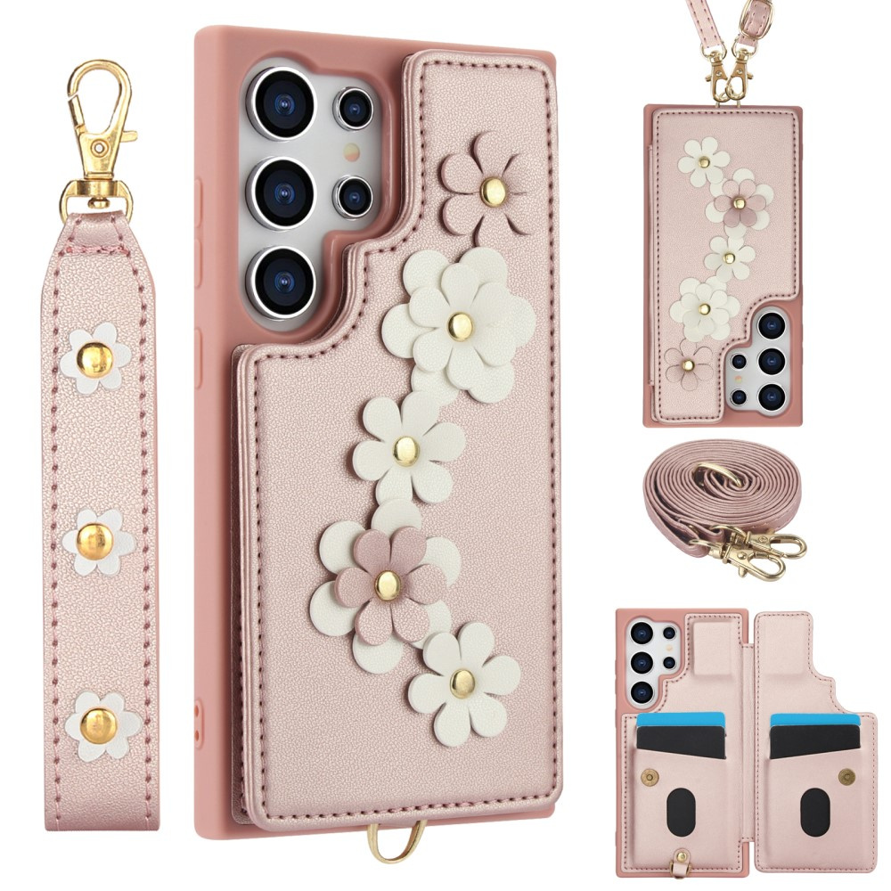 Samsung Galaxy S24 Ultra Lederhülle Mit Blumenmuster Und Kartenfach, Rosa