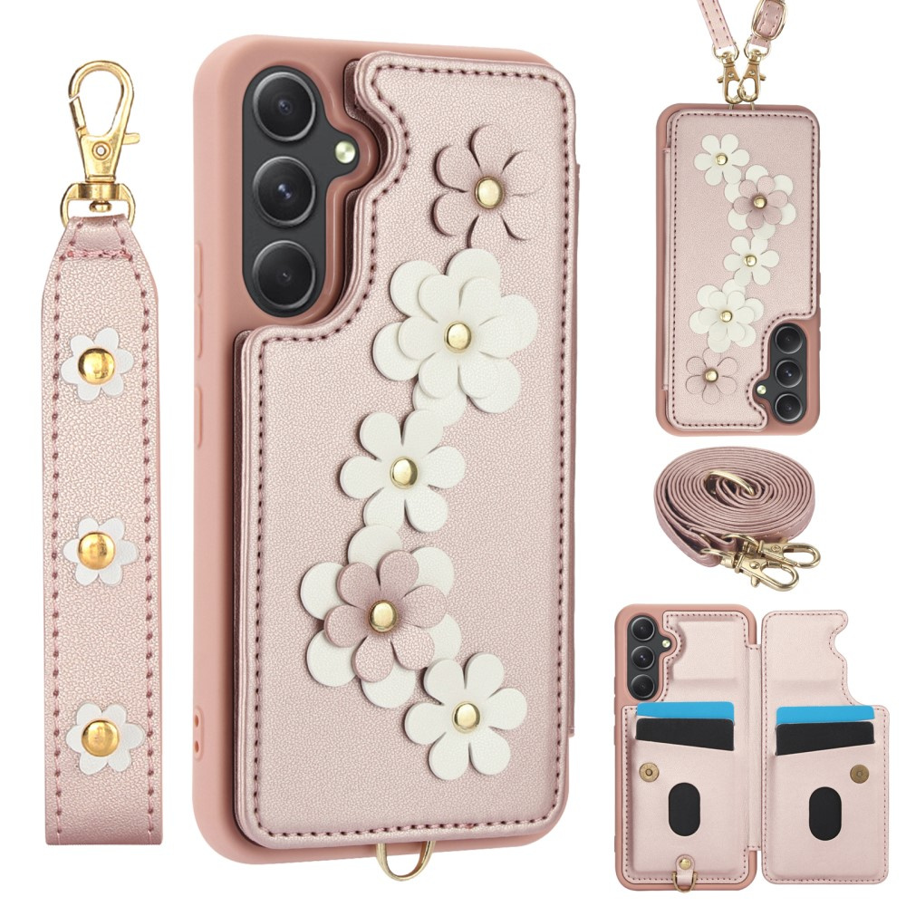 Schutzhülle Für Samsung Galaxy S23 Fe, Leder, Blumenmuster, Kartenfach, Rosa
