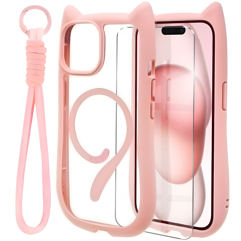 Iphone 15 Hülle, Magsafe, Süße Katze, Rosa + Displayschutzfolie
