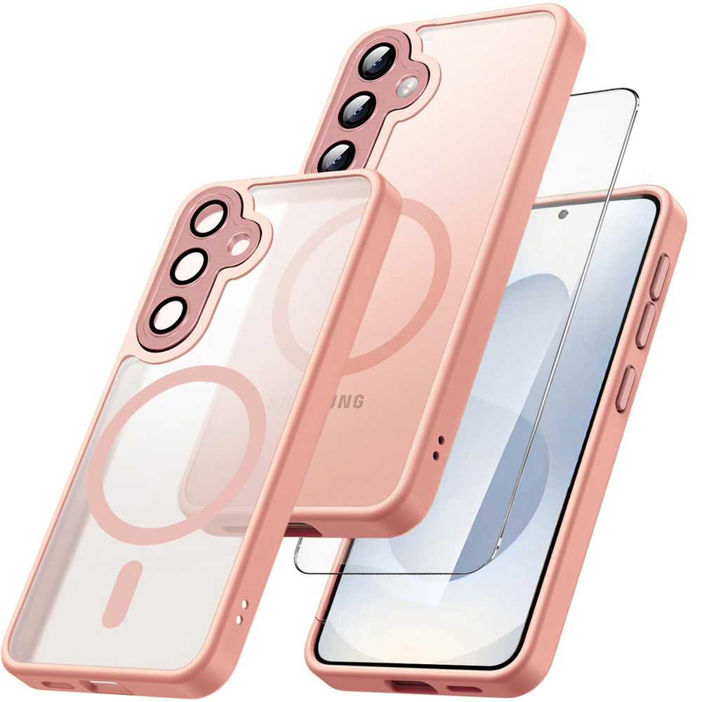 Samsung Galaxy S25 Fe Hüllenset, Für Magsafe, Matt-weiße Schutzhülle, Pink + Displayschutzfolie Aus Glas