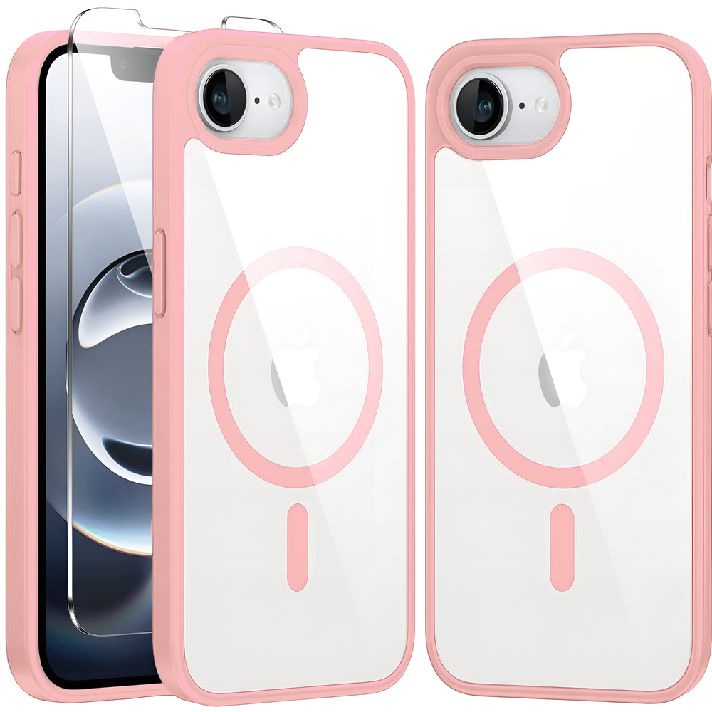 Magnetische Hülle Für Iphone 17e / 16e, Magsafe, Pink + 9h Gehärtetes Glas
