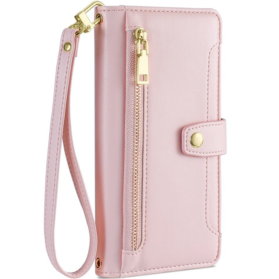 Iphone 14 Klapphülle, Brieftasche Mit Reißverschlussfach, Rosa