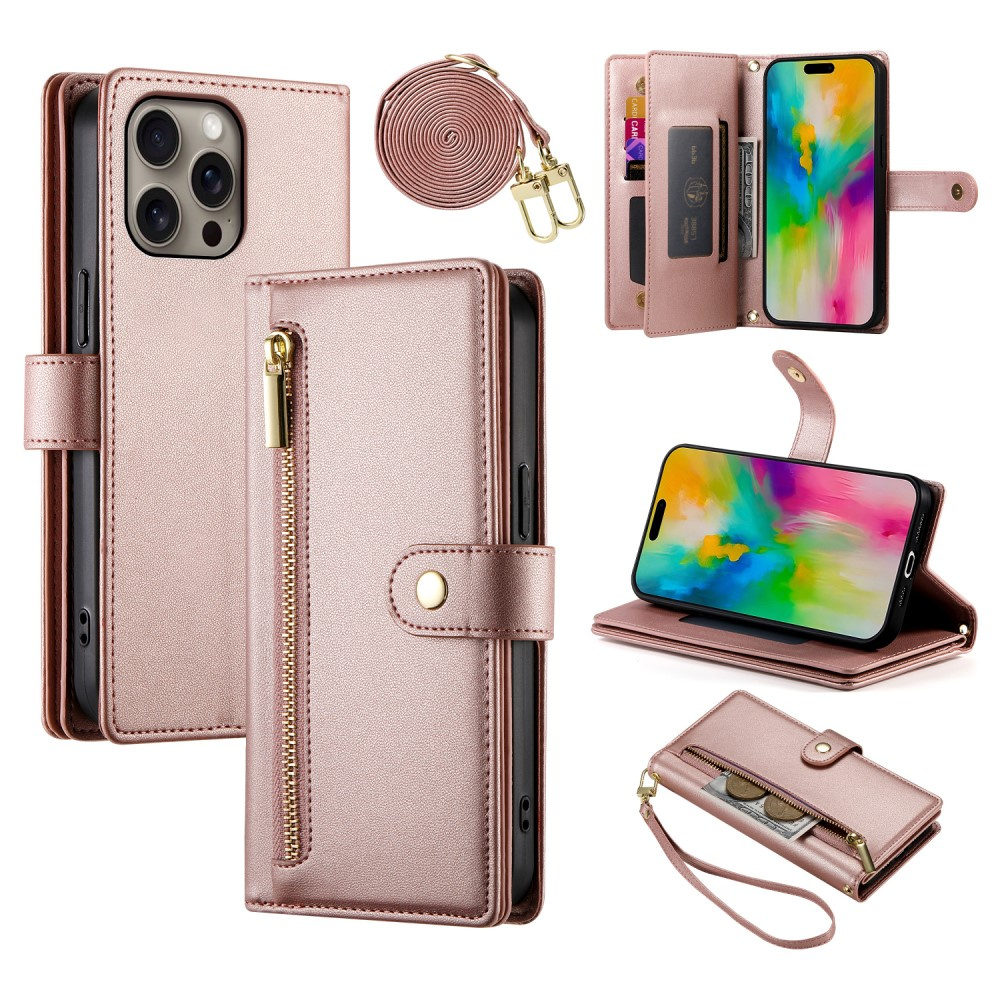 Iphone 16 Pro Klapphülle, Brieftaschenfach Mit Reißverschluss, Pink