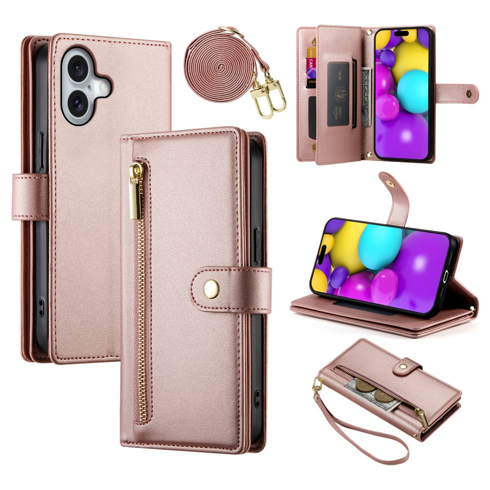 Iphone 16 Klapphülle, Brieftasche Mit Reißverschlussfach, Rosa