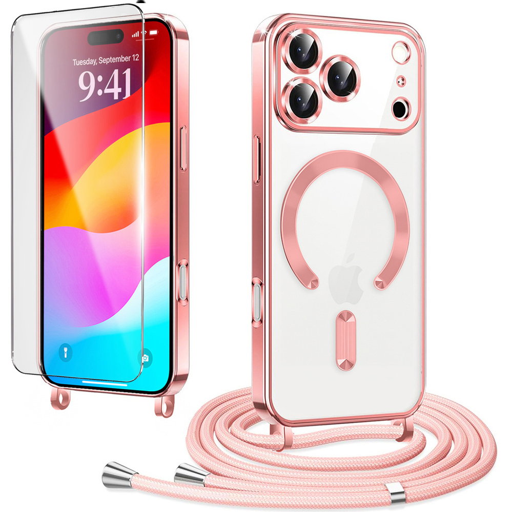 Schutzhüllen-set Für Iphone 17 Pro Max, Electro Magsafe, Pink + Trageband + Displayschutzfolie Aus Glas