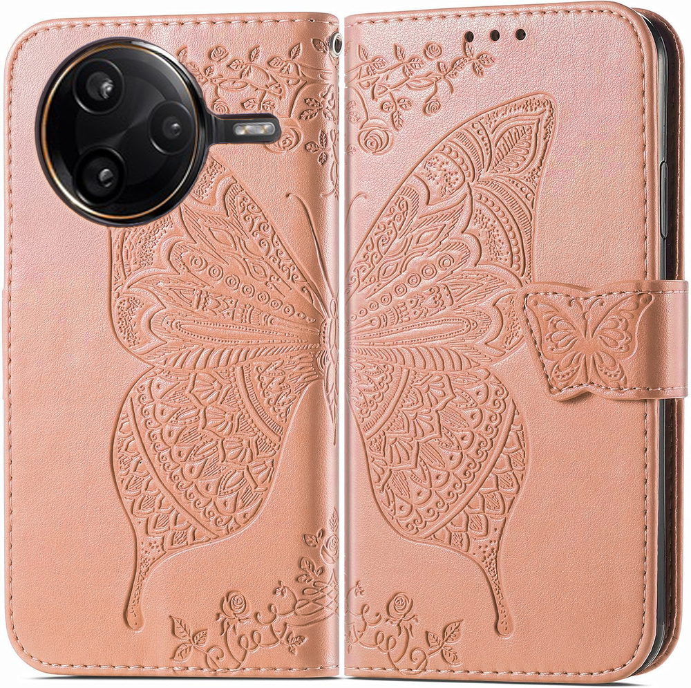 Klapphülle Für Xiaomi Poco F7 Ultra, Schmetterling, Roségold