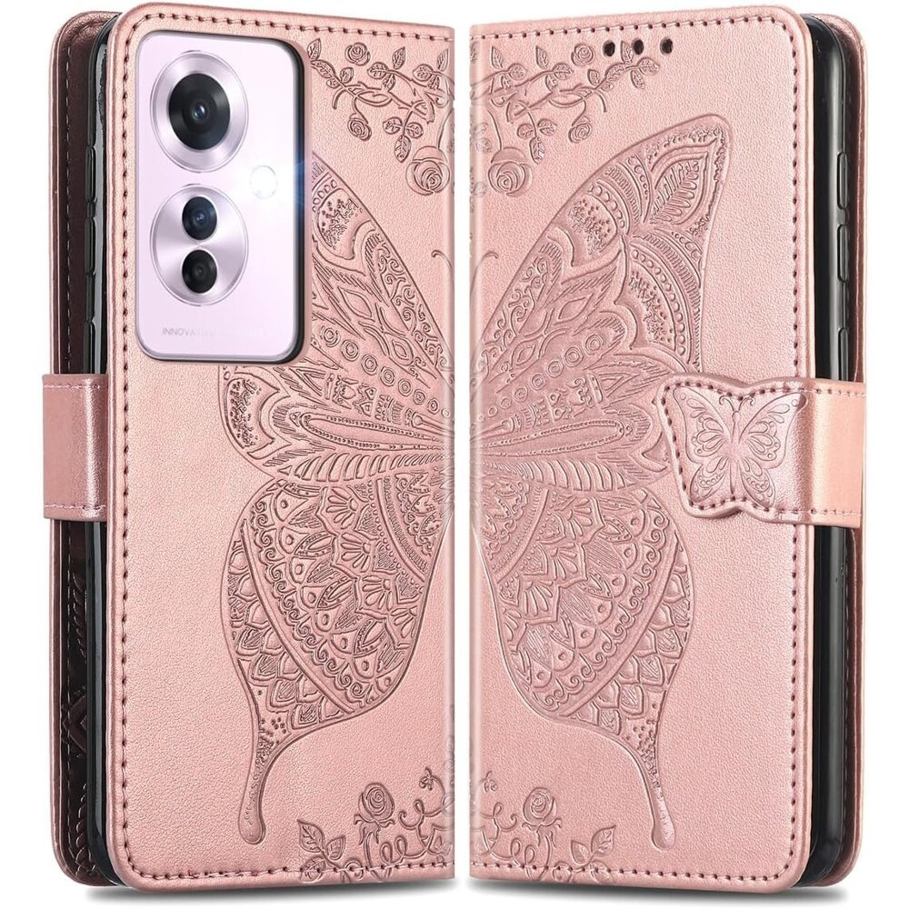 Klapphülle Für Oppo Reno 11f 5g, Schmetterling, Roségold