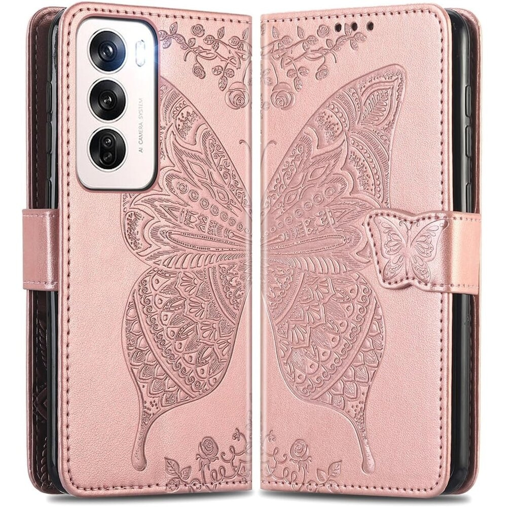 Klapphülle Für Oppo Reno 12 Pro, Schmetterling, Roségold