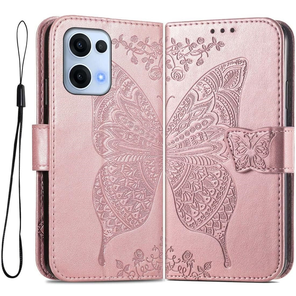 Klapphülle Für Oppo Reno 13, Schmetterling, Roségold