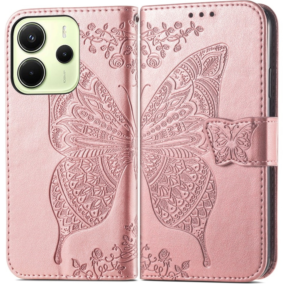 Klapphülle Für Xiaomi Redmi Note 14 4g, Schmetterling, Roségold