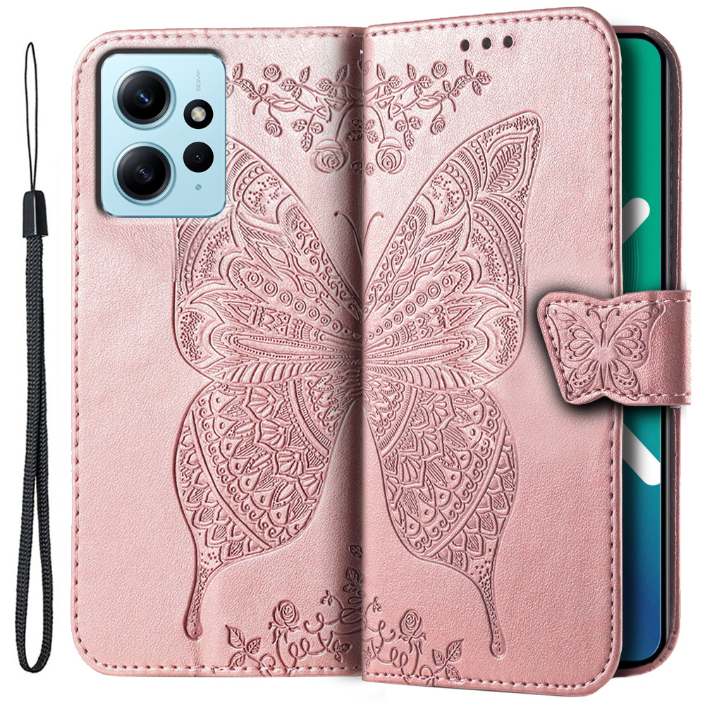 Klapphülle Für Xiaomi Redmi Note 12 4g, Schmetterling, Roségold