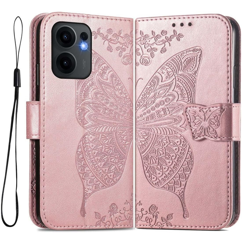 Klapphülle Für Oppo Reno 13f / Oppo Reno 13fs, Schmetterling, Roségold