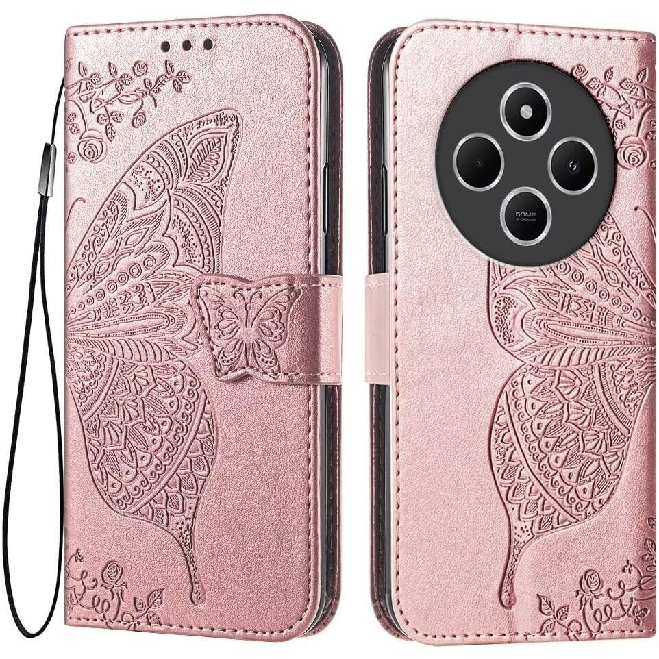 Klapphülle Für Xiaomi Redmi 14c / Xiaomi Poco C75, Schmetterling, Roségold