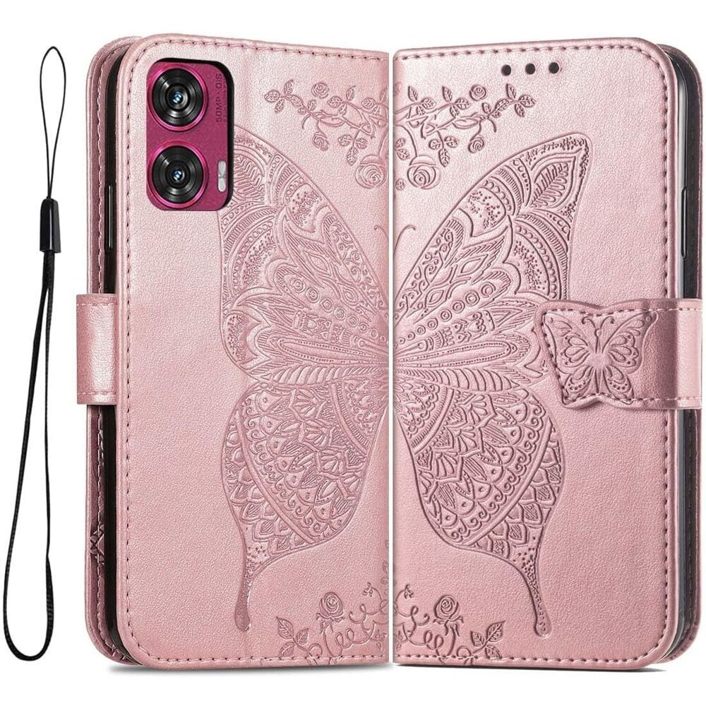 Klapphülle Für Motorola Edge 50 Fusion 5g, Schmetterling, Roségold