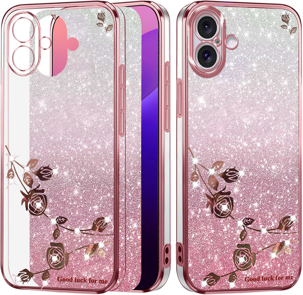 Iphone 16 Plus Hülle, Glitzerblume, Roségold