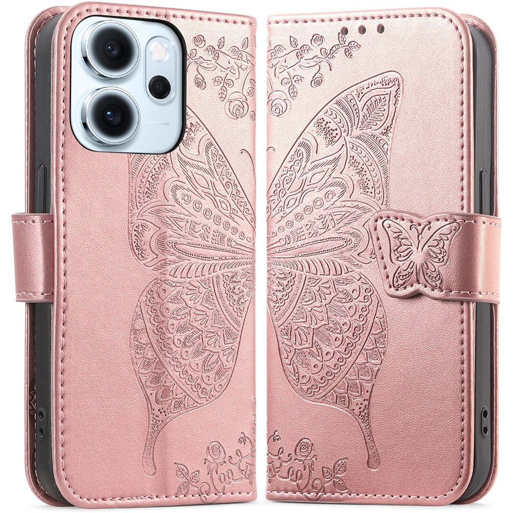 Klapphülle Für Oppo Reno 14 F / 14 Fs, Geprägtes Schmetterlingsmuster, Roségold