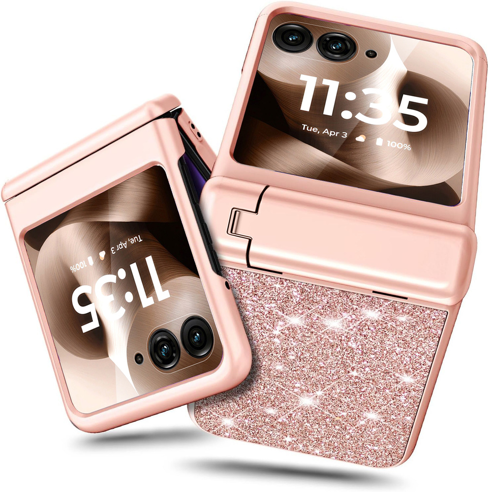 Schutzhülle Für Motorola Razr 70 Ultra / 60 Ultra – Glitzernde Pc-hülle Mit Glas Und Ständer – Roségold